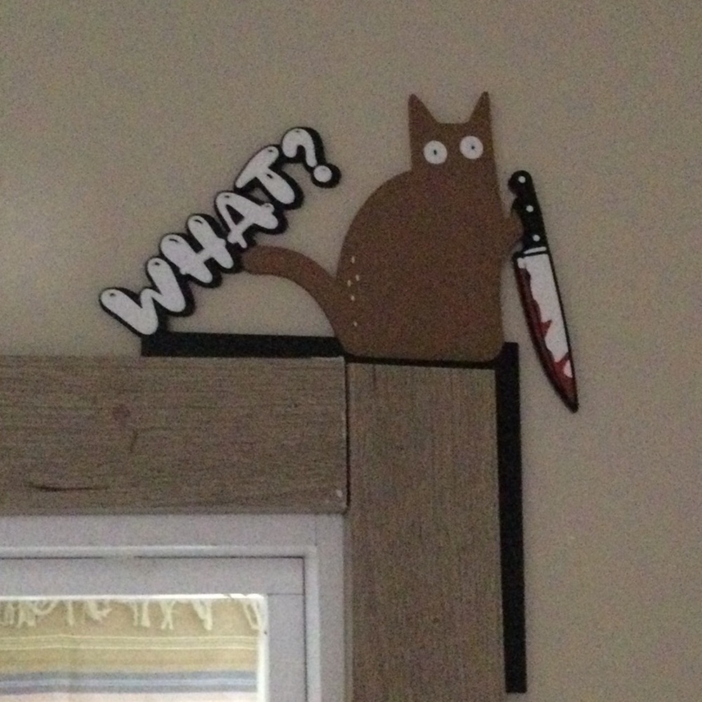 Brown Cat Door frame Decor with 'What?' 3D